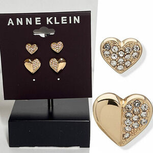 Anne Klein Timeless Elegant Gold Crystal Heart Stud Earrings Pave Duo Set Gift